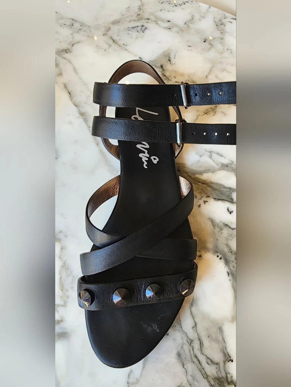 Lanvin Black Leather Studded Strappy Sandals with Ankle Buckles Size 37